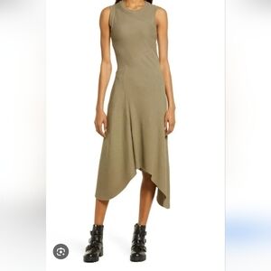 All saints Gia Ribbed  Asymmetrical Midi Dress Green Sz 10 Women's